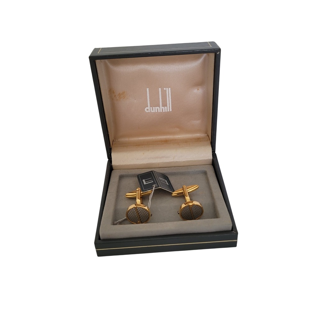 Dunhill Mens Gold Tone Round Textured Two Tone Cufflinks with Original Box Tag